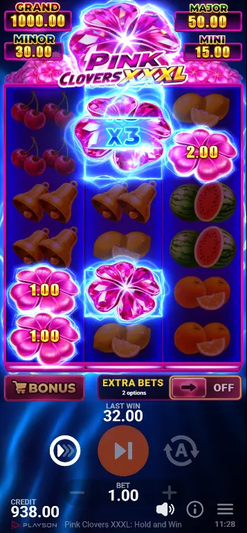 Pink Clovers XXXL jackpot win screen